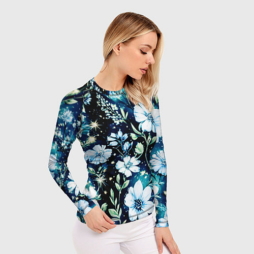 Женский рашгард Стилизованные цветы сине-зелёный / 3D-принт – фото 3