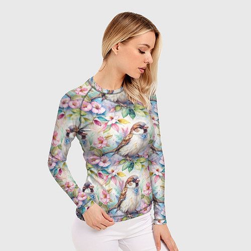 Женский рашгард Воробей в ярких цветах паттерн / 3D-принт – фото 3