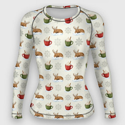 Женский рашгард Зимний паттерн с оленем и чашками какао
