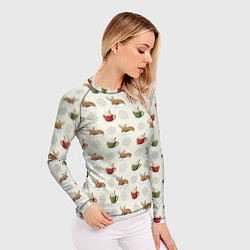 Рашгард женский Зимний паттерн с оленем и чашками какао, цвет: 3D-принт — фото 2