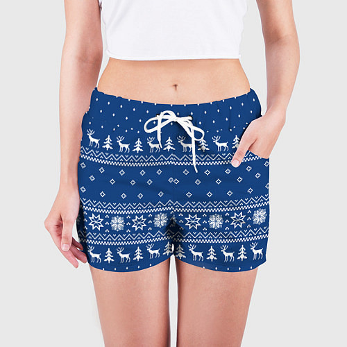Женские шорты СИНИЙ СВИТЕР С ОЛЕНЯМИ, НОВЫЙ ГОД 2022 / 3D-принт – фото 3