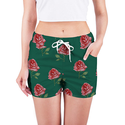 Женские шорты Ярко красные розы на темно-зеленом фоне / 3D-принт – фото 3