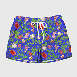Шорты женские Цветочки - синий фон - паттерн, цвет: 3D-принт