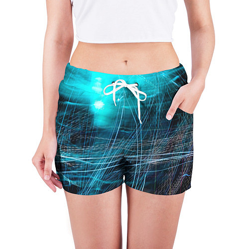 Женские шорты Неоновые волны и линии - Голубой / 3D-принт – фото 3