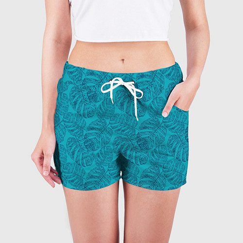 Женские шорты Синие листья монстеры на голубом / 3D-принт – фото 3