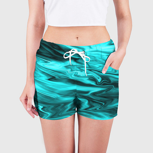 Женские шорты Неоновый бирюзовый мраморный узор / 3D-принт – фото 3
