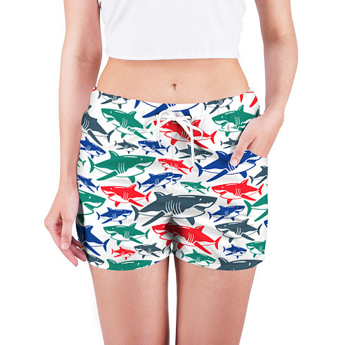 Женские шорты Стая разноцветных акул - паттерн / 3D-принт – фото 3