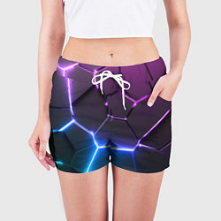 Шорты женские Фиолетовый градиент - неоновые геометрические плит, цвет: 3D-принт — фото 2