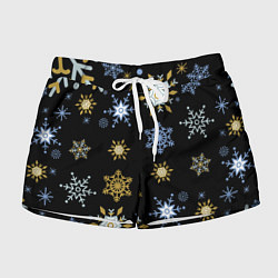 Шорты женские Новый год снежинки на чёрном фоне, цвет: 3D-принт