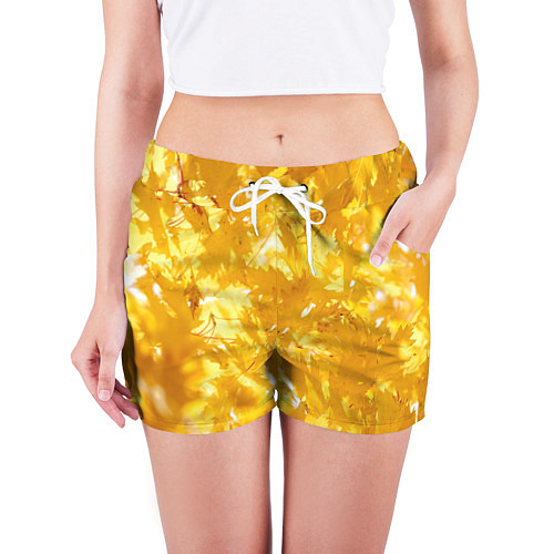 Женские шорты Золотые листья на ветках / 3D-принт – фото 3