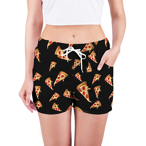 Женские шорты Куски пиццы на черном фоне / 3D-принт – фото 3