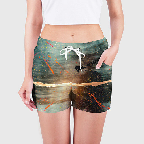 Женские шорты Светло-синий абстрактный фон и брызки красок / 3D-принт – фото 3
