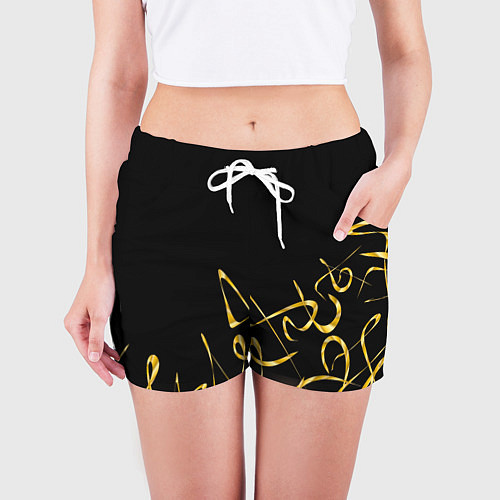 Женские шорты Золотая каллиграфия на черном фоне / 3D-принт – фото 3