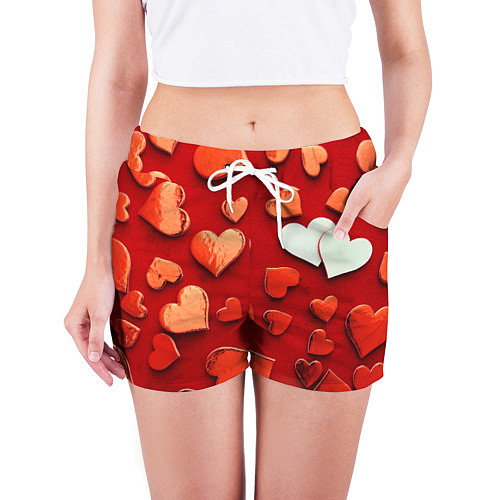 Женские шорты Красные сердца на красном фоне / 3D-принт – фото 3