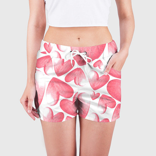 Женские шорты Розовые акварельные сердца - паттерн / 3D-принт – фото 3