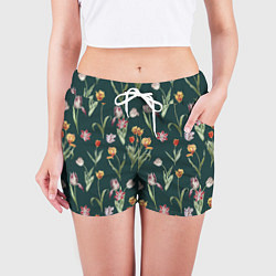 Шорты женские Тюльпаны на зеленом фоне, цвет: 3D-принт — фото 2