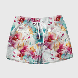 Шорты женские Орхидеи акварельные брызги - паттерн, цвет: 3D-принт