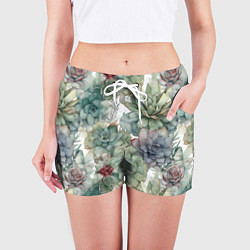 Шорты женские Акварельные суккуленты - паттерн, цвет: 3D-принт — фото 2