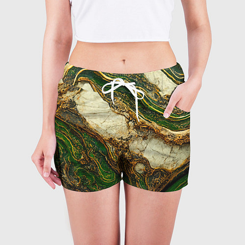 Женские шорты Текстура зелёного мрамора с золотыми прожилками / 3D-принт – фото 3