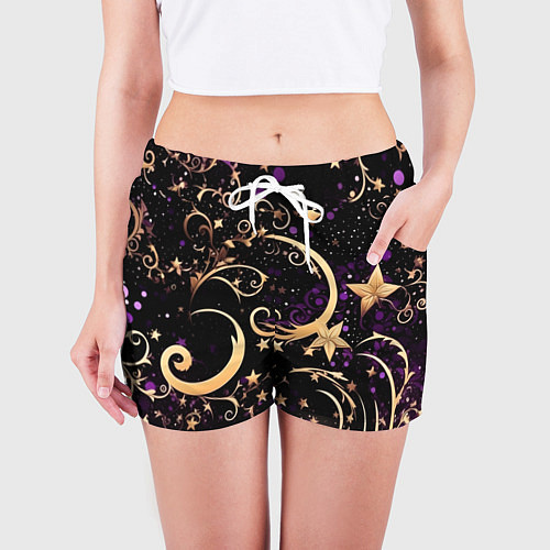 Женские шорты Чёрный паттерн со звёздами и лунами / 3D-принт – фото 3