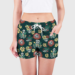 Шорты женские Скелеты и черепа среди цветов, цвет: 3D-принт — фото 2