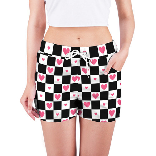 Женские шорты Розовые сердечки на фоне шахматной черно-белой дос / 3D-принт – фото 3