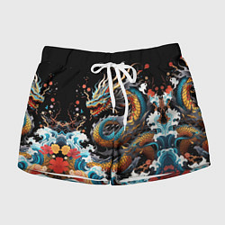 Шорты женские Дракон на волнах в японском стиле арт, цвет: 3D-принт