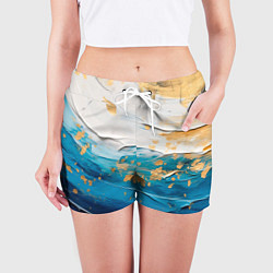Шорты женские Белый, синий, золотой импасто абстракция, цвет: 3D-принт — фото 2