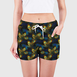 Шорты женские Перья павлина на черном фоне, цвет: 3D-принт — фото 2
