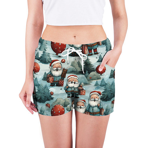 Женские шорты Рождественский узор с Санта Клаусами / 3D-принт – фото 3