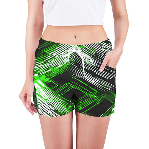 Женские шорты Киберпанк линии белые и зелёные / 3D-принт – фото 3