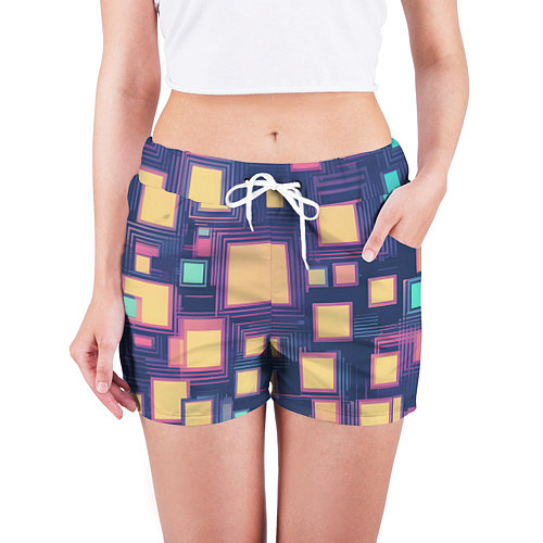 Женские шорты Разноцветные ретро квадраты / 3D-принт – фото 3
