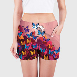 Шорты женские Разноцветные бабочки - розовые цветы, цвет: 3D-принт — фото 2