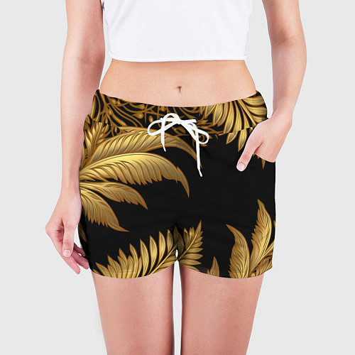 Женские шорты Золотые объемные листья узоры / 3D-принт – фото 3