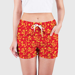 Шорты женские Золотые драконы на красном фоне, цвет: 3D-принт — фото 2