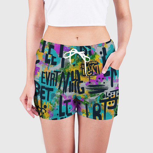 Женские шорты Загадочный абстрактный текст на ярком фоне / 3D-принт – фото 3