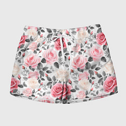 Шорты женские Розовые розы и серые листочки - паттерн, цвет: 3D-принт