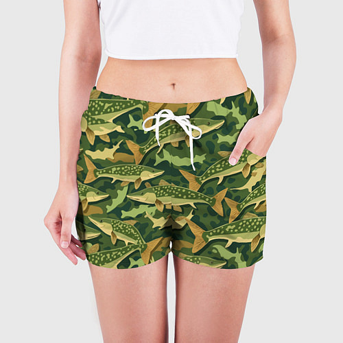 Женские шорты Камуфляж рыболова - рыба щука / 3D-принт – фото 3