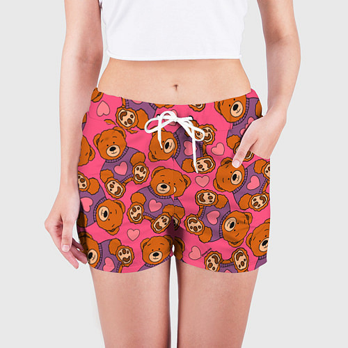 Женские шорты Мишки игрушки в розовых свитерах и сердечки / 3D-принт – фото 3