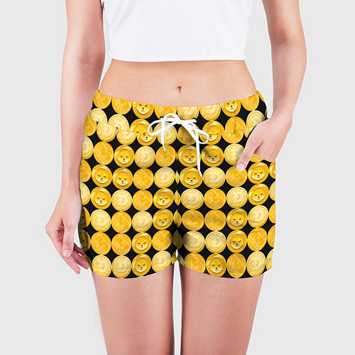Женские шорты Золотые монеты Биткоин, Доджкоин, Шиба ину паттерн / 3D-принт – фото 3
