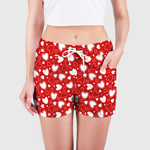 Женские шорты Белые сердечки на красном фоне / 3D-принт – фото 3