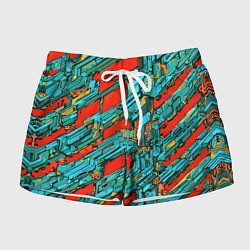 Шорты женские Голубые фрагменты на красном фоне, цвет: 3D-принт