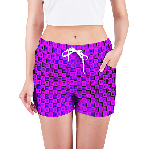 Женские шорты Фиолетовые квадраты на чёрном фоне / 3D-принт – фото 3