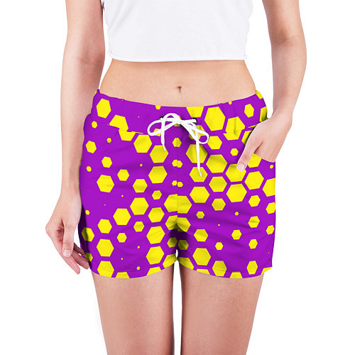 Женские шорты Желтые соты на фиолетовом фоне / 3D-принт – фото 3