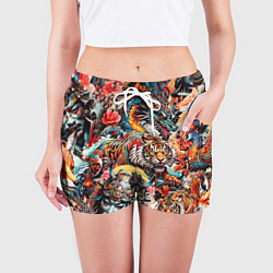Шорты женские Японская татуировка дракона тигра и самурая, цвет: 3D-принт — фото 2