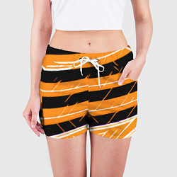 Шорты женские Чёрно-белые полосы на оранжевом фоне, цвет: 3D-принт — фото 2