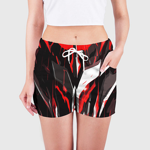 Женские шорты Красно-белый абстрактный демонический шлем / 3D-принт – фото 3