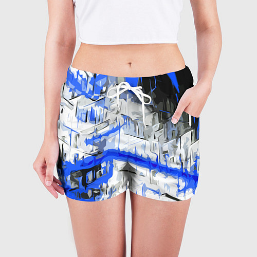 Женские шорты Сине-белая абстракция на чёрном фоне / 3D-принт – фото 3