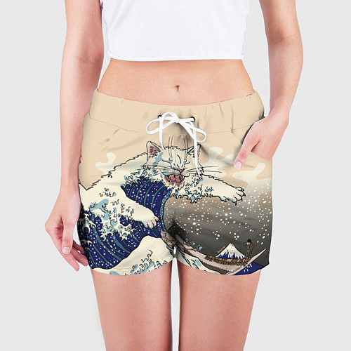 Женские шорты Большой котик в Канагаве / 3D-принт – фото 3