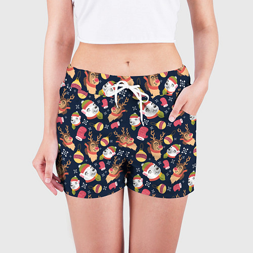 Женские шорты Новогодний детский паттерн с животными / 3D-принт – фото 3